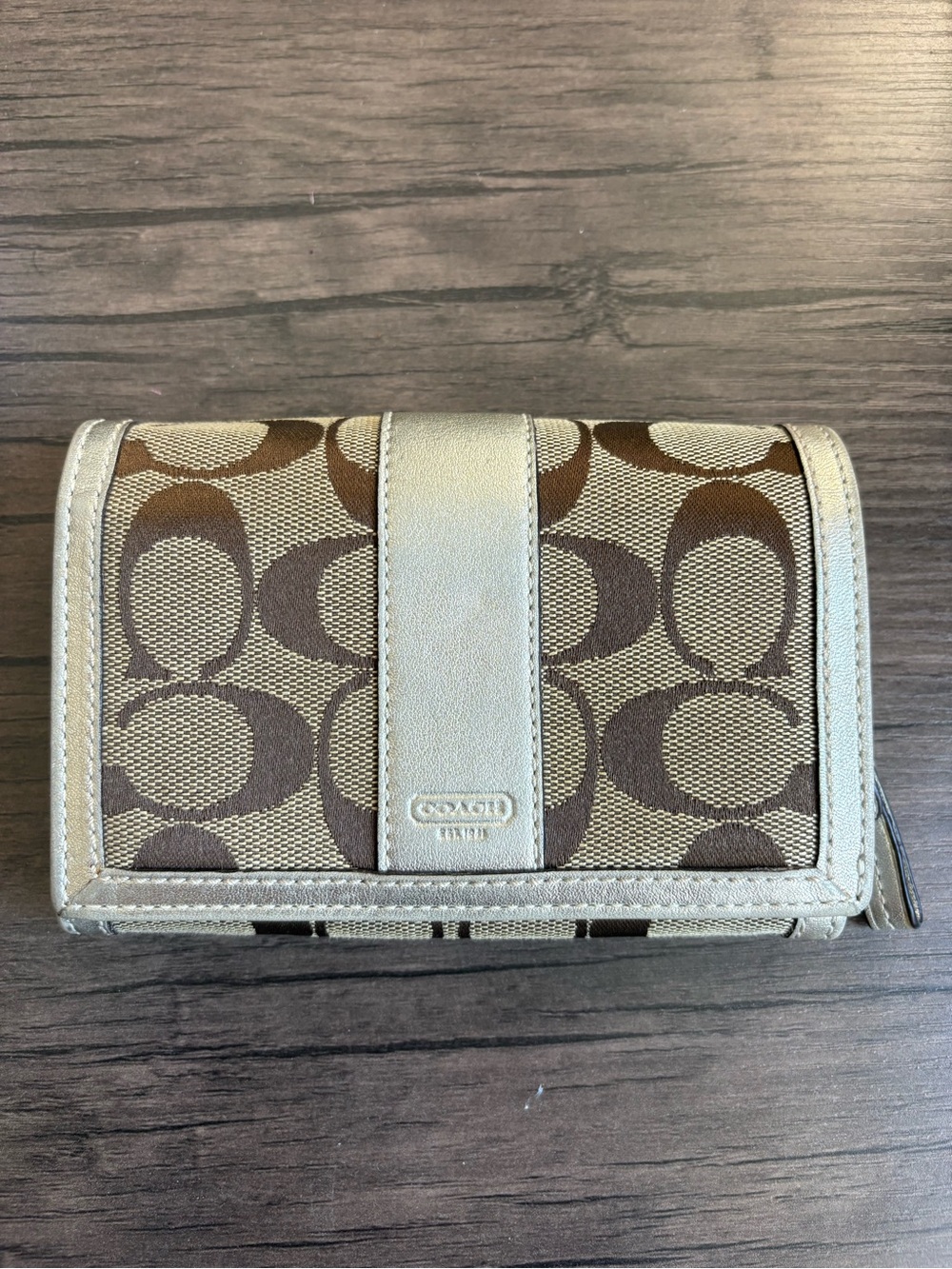 Coach Brown and Cream Signature Canvas Compact Wallet